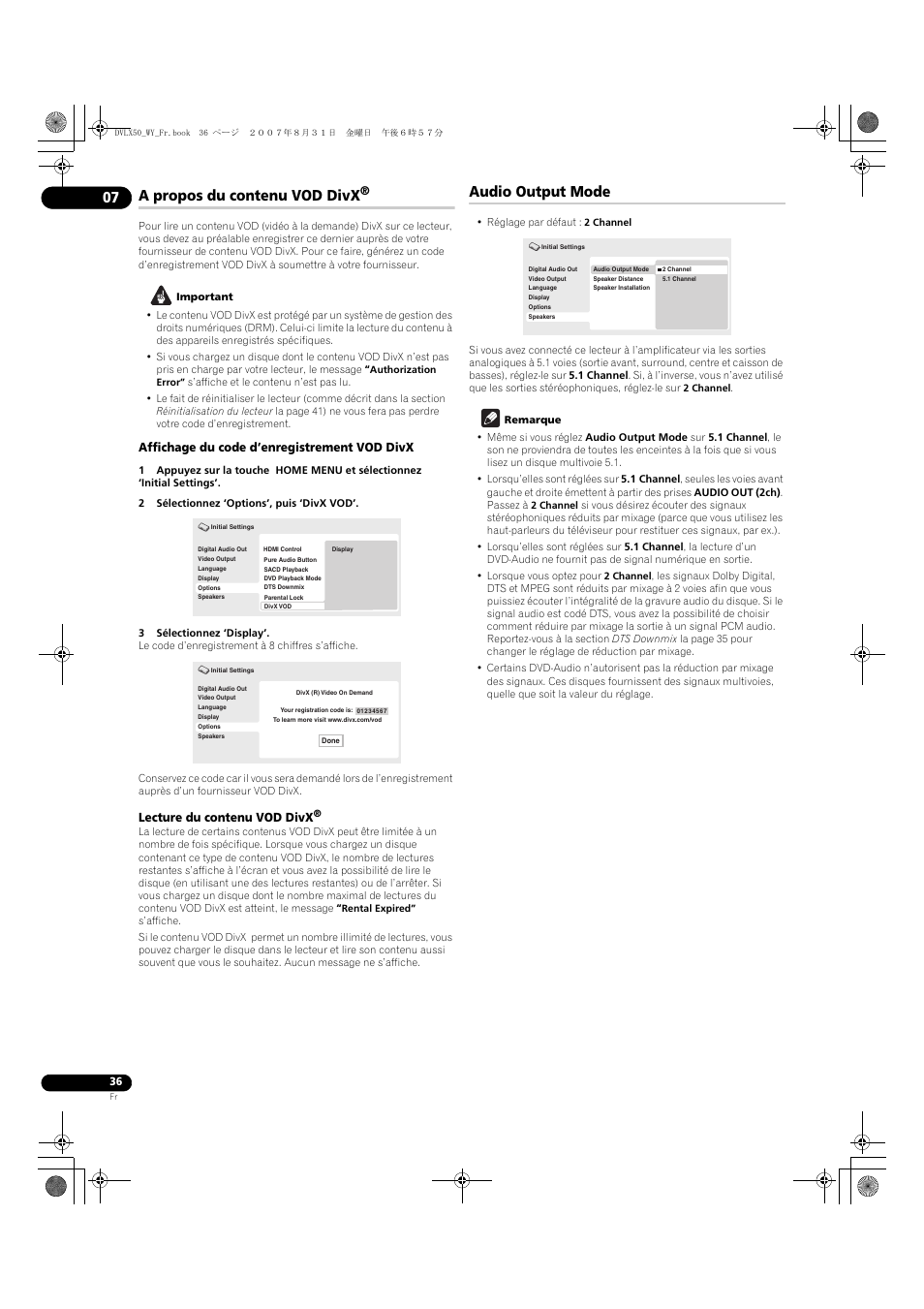 A propos du contenu vod divx, Audio output mode, Affichage du code d’enregistrement vod divx | Lecture du contenu vod divx | Pioneer DV-LX50 User Manual | Page 36 / 94