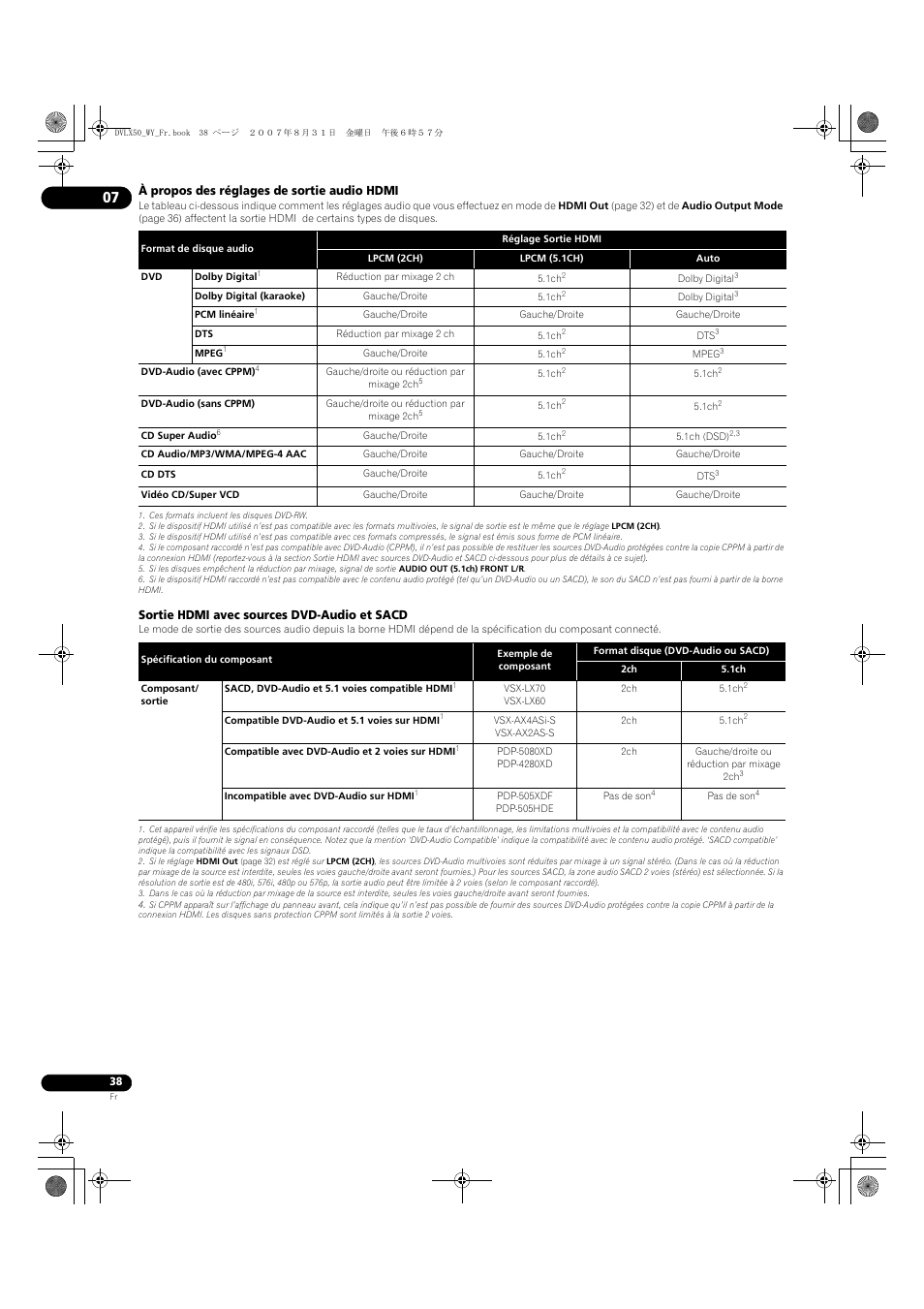 À propos des réglages de sortie audio hdmi, Sortie hdmi avec sources dvd-audio et sacd | Pioneer DV-LX50 User Manual | Page 38 / 94