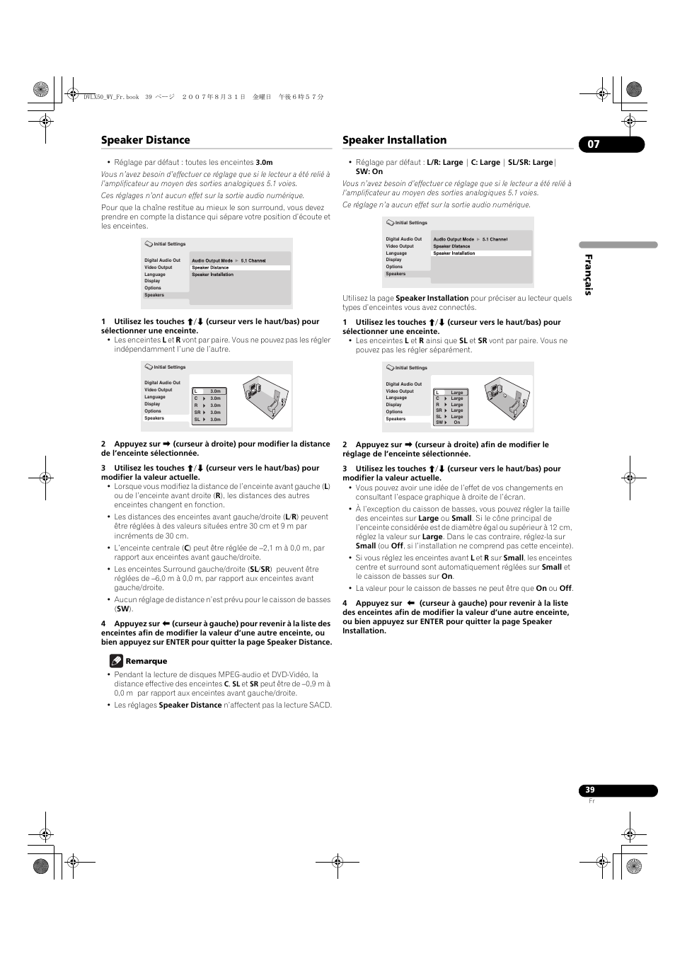 Speaker distance, Speaker installation | Pioneer DV-LX50 User Manual | Page 39 / 94