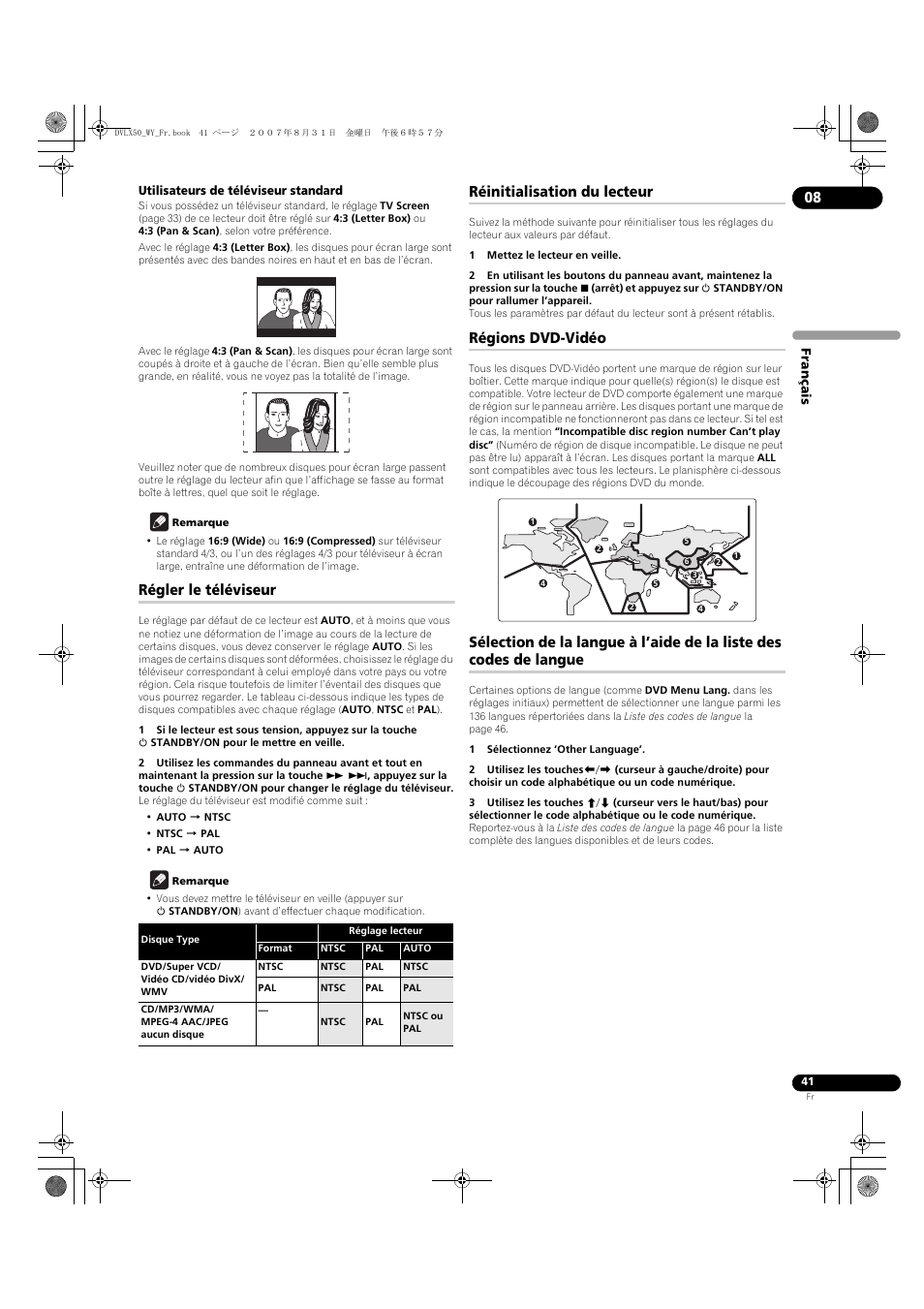 Régler le téléviseur, Réinitialisation du lecteur, Régions dvd-vidéo | Pioneer DV-LX50 User Manual | Page 41 / 94