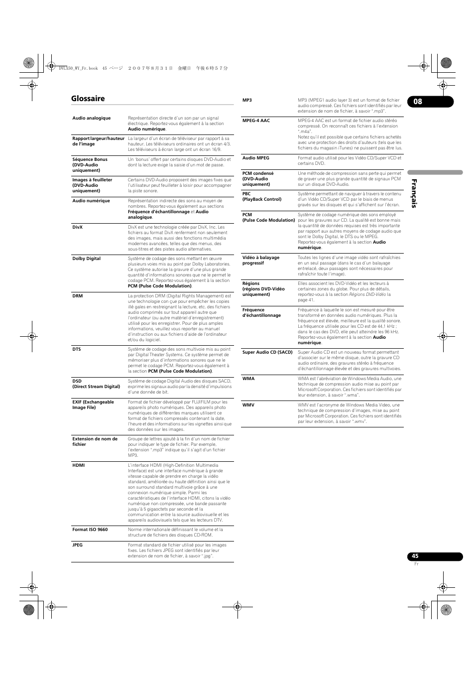 Glossaire, Français | Pioneer DV-LX50 User Manual | Page 45 / 94