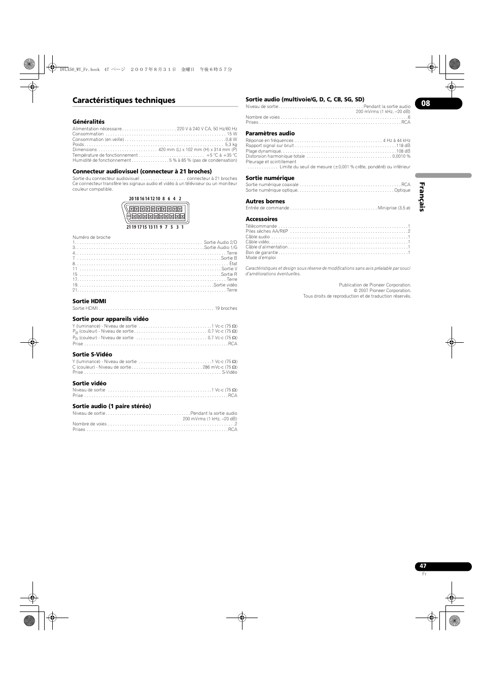 Caractéristiques techniques | Pioneer DV-LX50 User Manual | Page 47 / 94