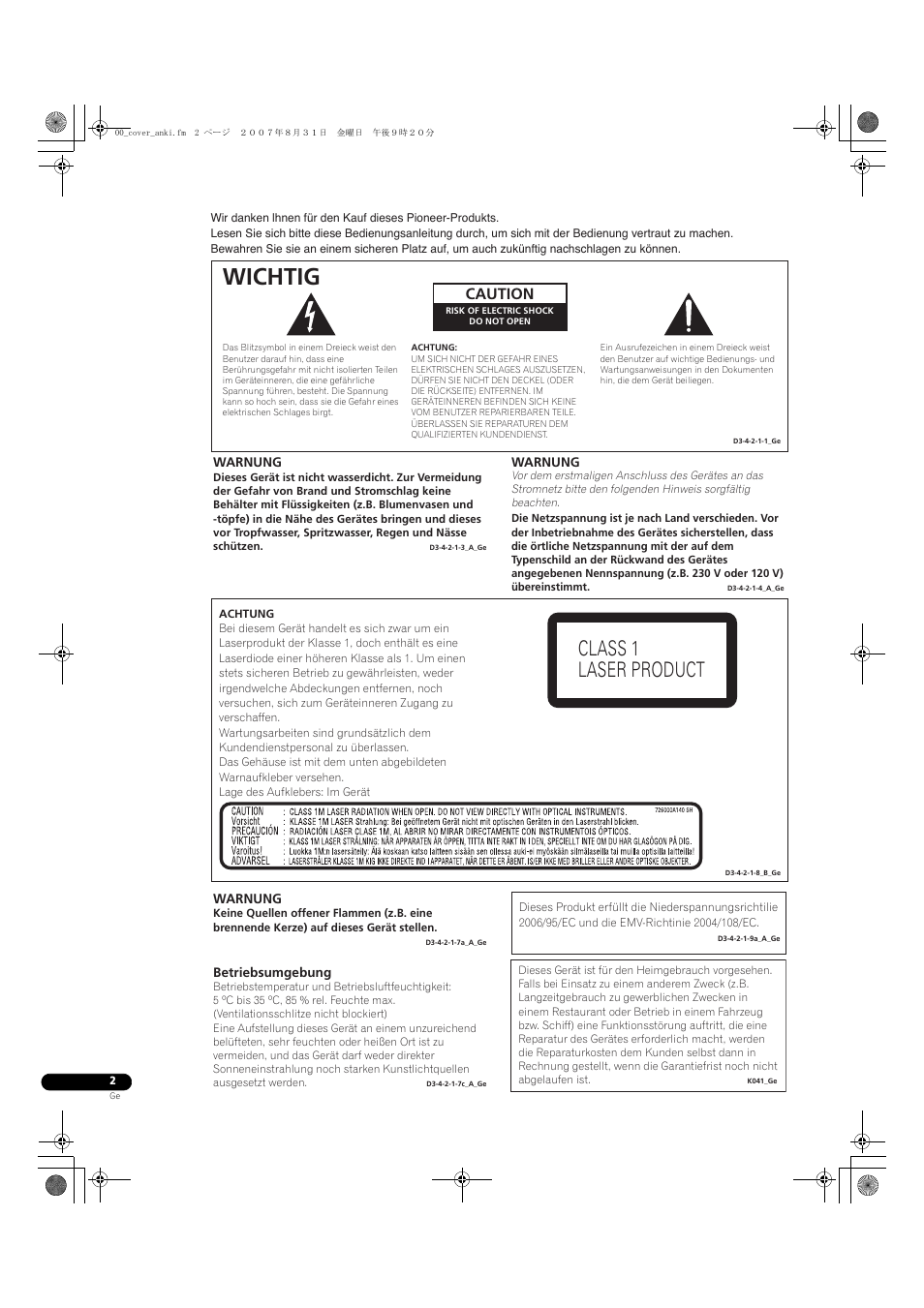 Wichtig, Caution | Pioneer DV-LX50 User Manual | Page 48 / 94