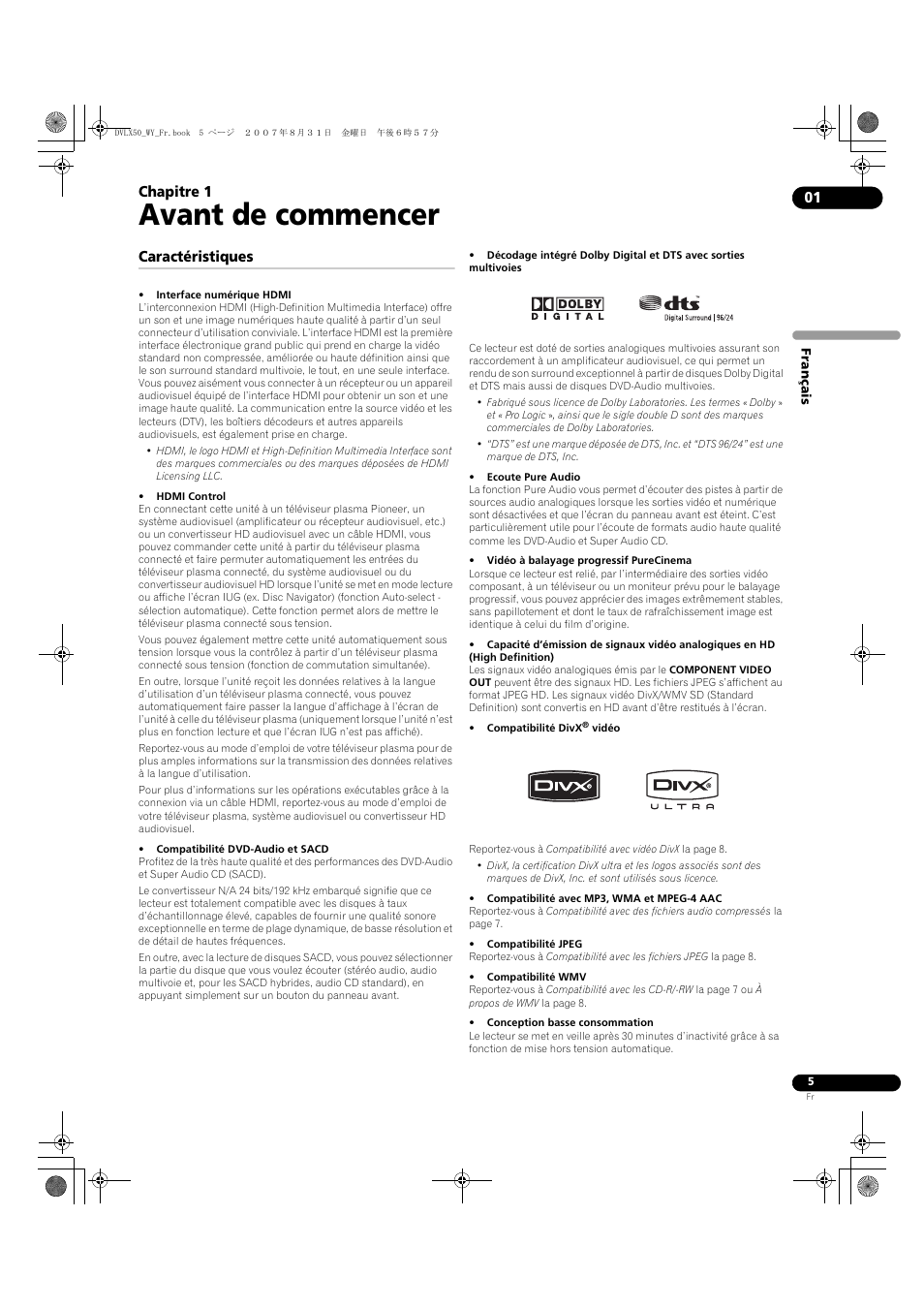 01 avant de commencer, Caractéristiques, Avant de commencer | Chapitre 1 | Pioneer DV-LX50 User Manual | Page 5 / 94