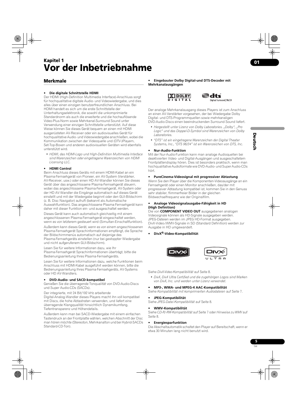 01 vor der inbetriebnahme, Merkmale, Vor der inbetriebnahme | Kapitel 1 | Pioneer DV-LX50 User Manual | Page 51 / 94