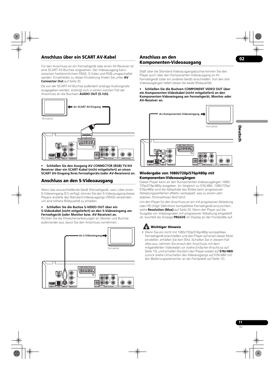 Anschluss über ein scart av-kabel, Anschluss an den s-videoausgang, Anschluss an den komponenten-videoausgang | Pioneer DV-LX50 User Manual | Page 57 / 94