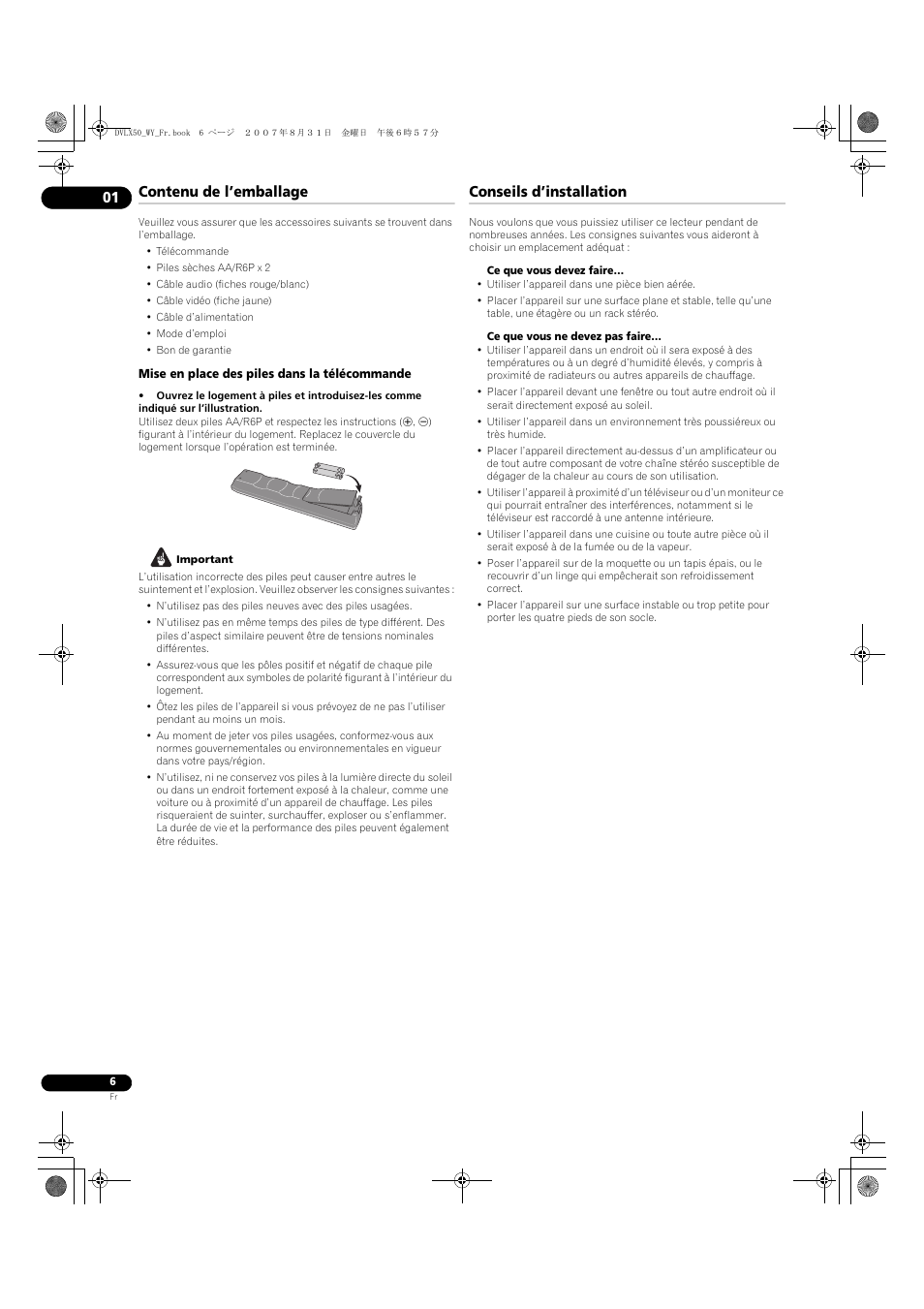 Contenu de l’emballage, Conseils d’installation | Pioneer DV-LX50 User Manual | Page 6 / 94