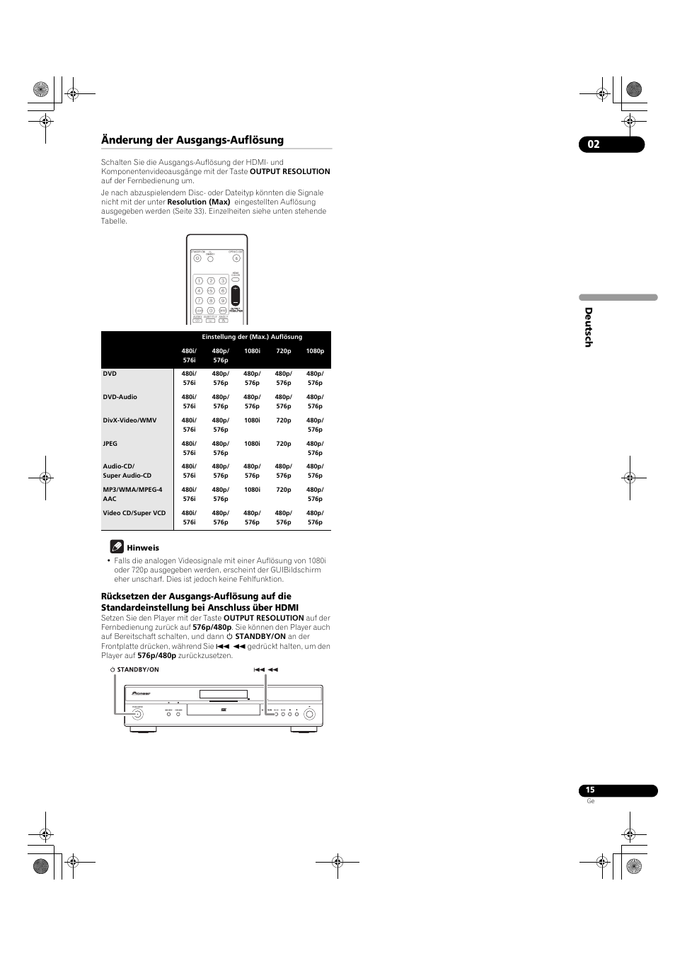 Änderung der ausgangs-auflösung | Pioneer DV-LX50 User Manual | Page 61 / 94