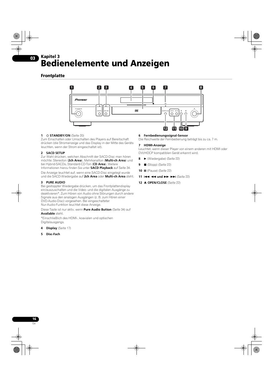 03 bedienelemente und anzeigen, Frontplatte, Bedienelemente und anzeigen | Kapitel 3 | Pioneer DV-LX50 User Manual | Page 62 / 94