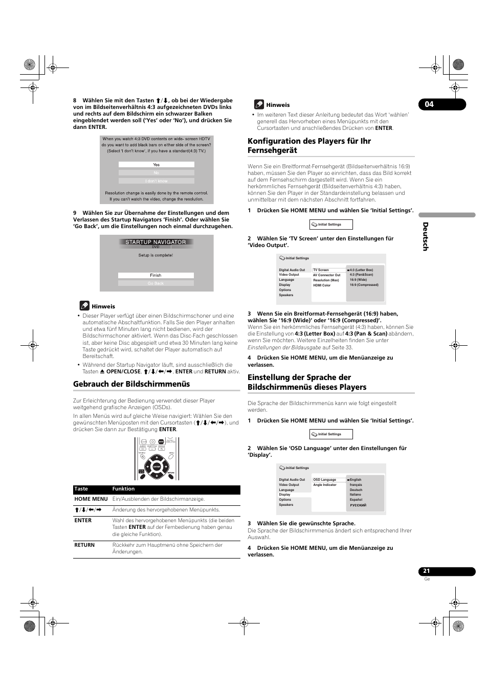Gebrauch der bildschirmmenüs, Konfiguration des players für ihr fernsehgerät, Deutsch | Pioneer DV-LX50 User Manual | Page 67 / 94