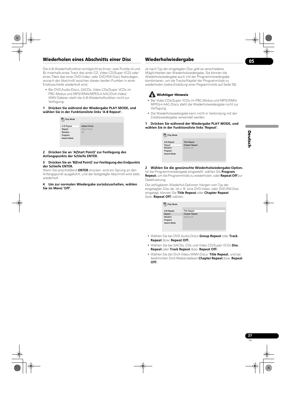 Wiederholen eines abschnitts einer disc, Wiederholwiedergabe, Deutsch | Pioneer DV-LX50 User Manual | Page 73 / 94