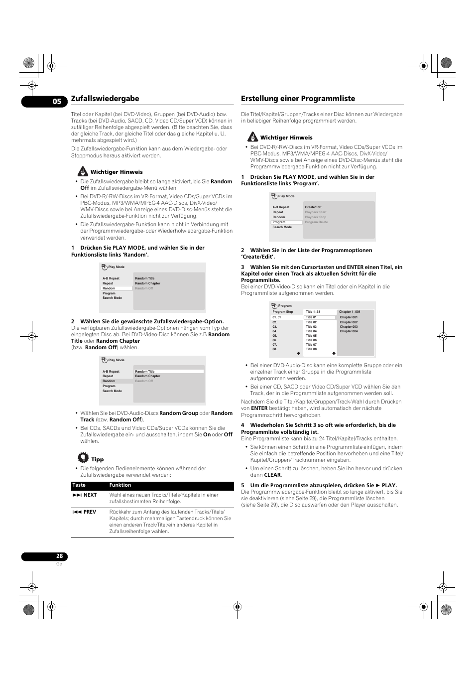 Zufallswiedergabe, Erstellung einer programmliste | Pioneer DV-LX50 User Manual | Page 74 / 94