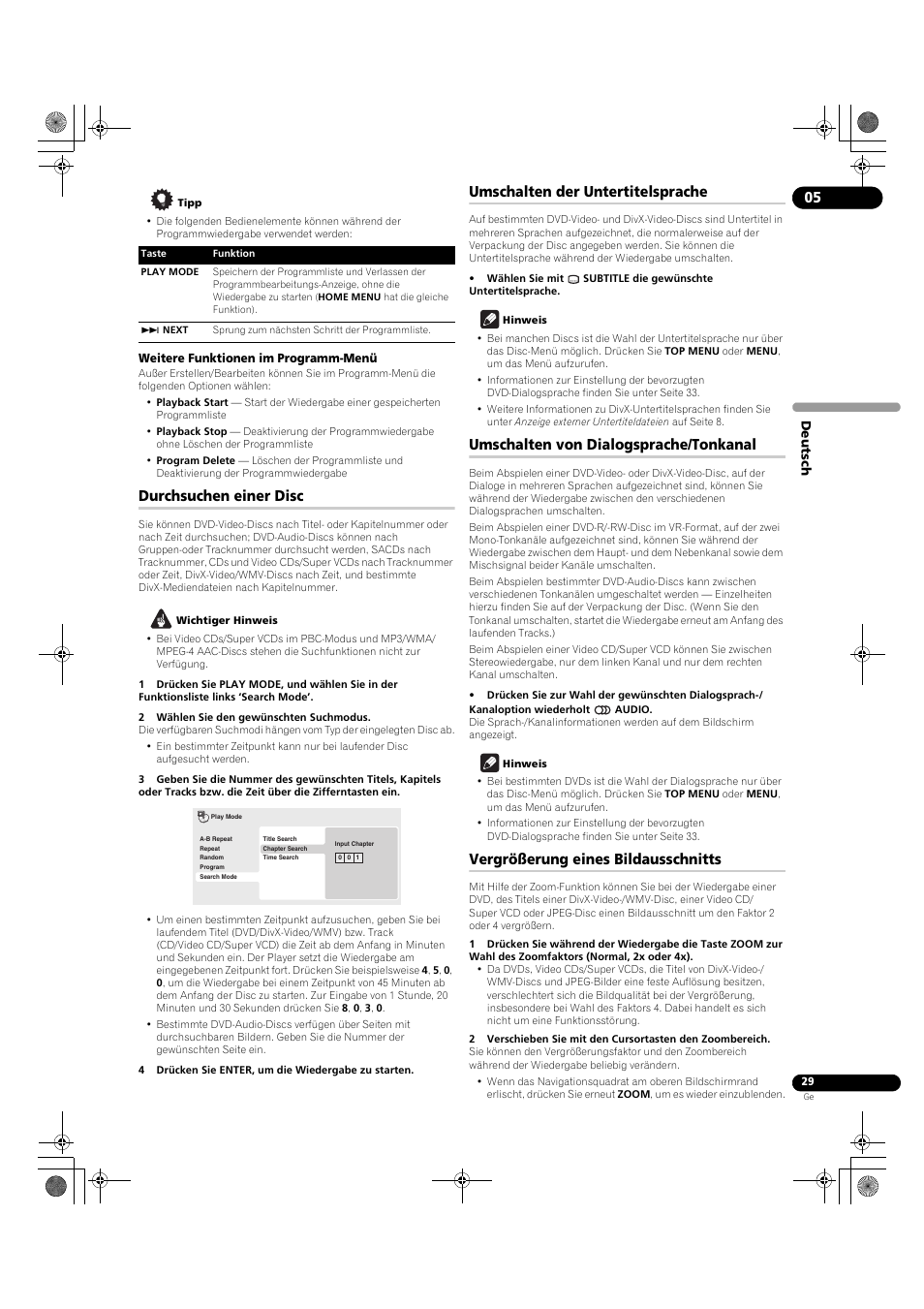 Durchsuchen einer disc, Umschalten der untertitelsprache, Umschalten von dialogsprache/tonkanal | Vergrößerung eines bildausschnitts | Pioneer DV-LX50 User Manual | Page 75 / 94