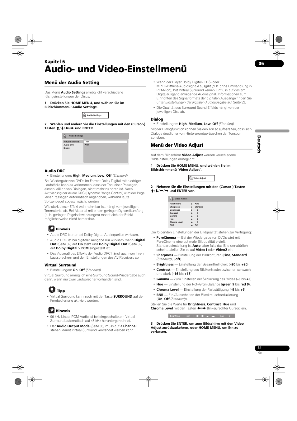 06 audio- und video-einstellmenü, Menü der audio setting, Menü der video adjust | Audio- und video-einstellmenü, Kapitel 6 | Pioneer DV-LX50 User Manual | Page 77 / 94