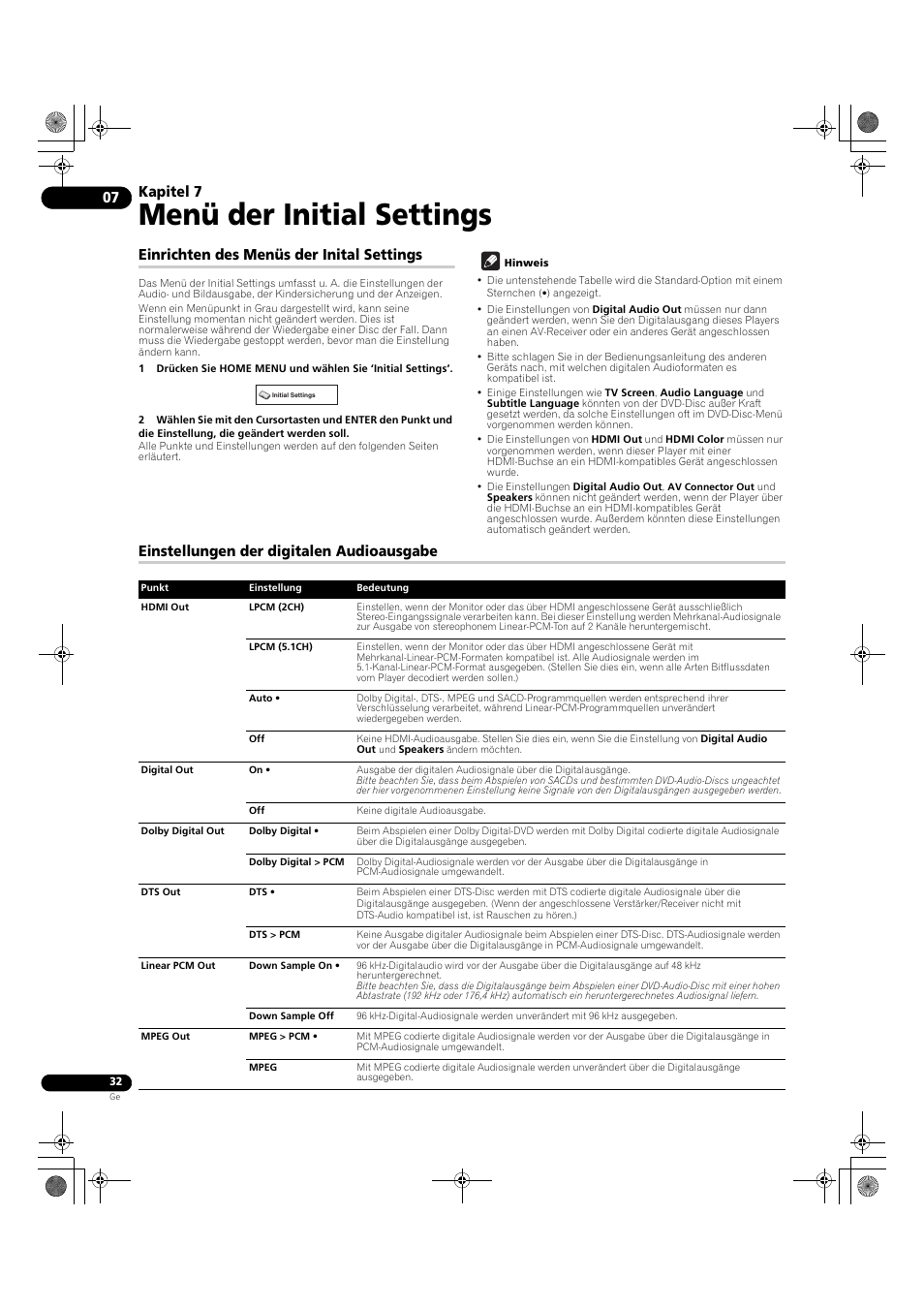 07 menü der initial settings, Einrichten des menüs der inital settings, Einstellungen der digitalen audioausgabe | Menü der initial settings, Kapitel 7 | Pioneer DV-LX50 User Manual | Page 78 / 94