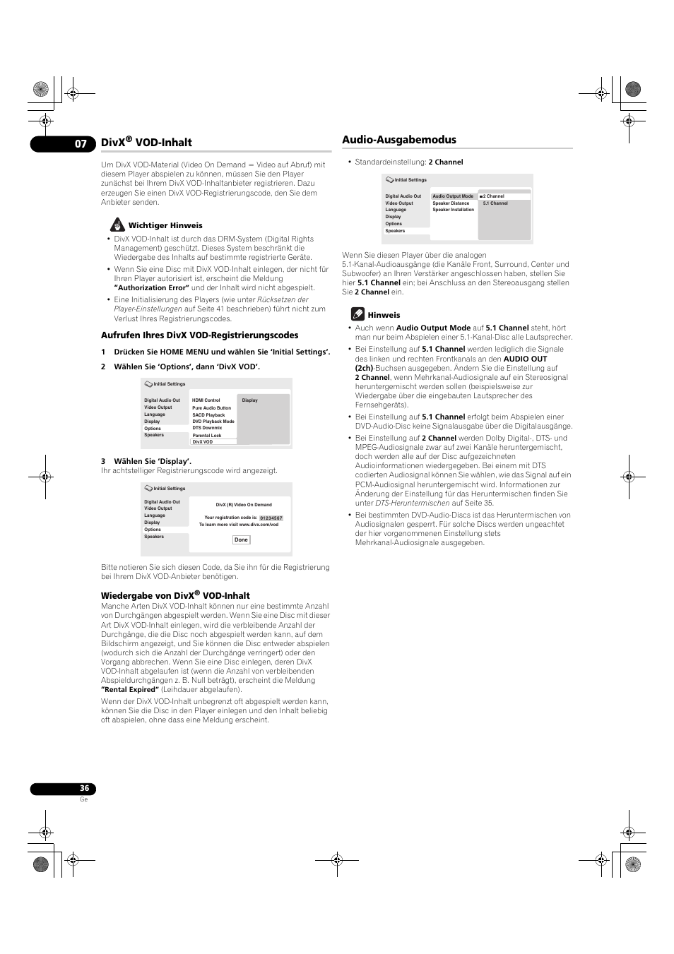 Audio-ausgabemodus, Divx, Vod-inhalt | Aufrufen ihres divx vod-registrierungscodes, Wiedergabe von divx | Pioneer DV-LX50 User Manual | Page 82 / 94