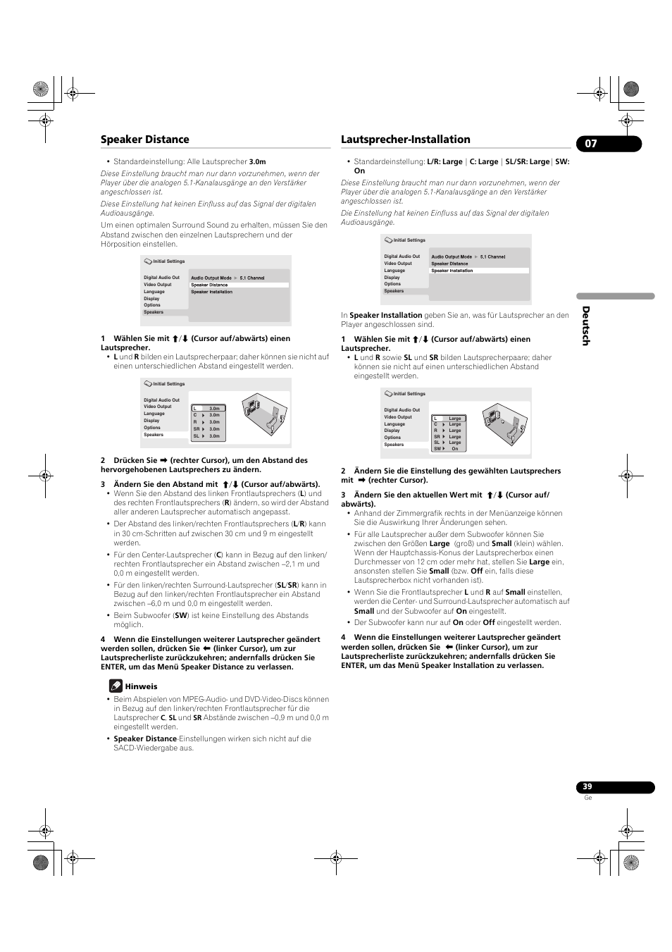 Speaker distance, Lautsprecher-installation | Pioneer DV-LX50 User Manual | Page 85 / 94