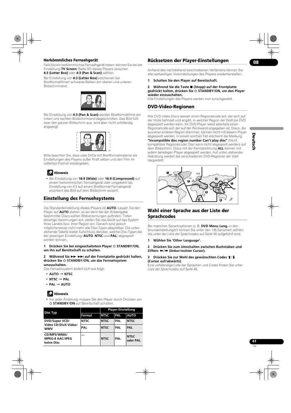 Einstellung des fernsehsystems, Rücksetzen der player-einstellungen, Dvd-video-regionen | Wahl einer sprache aus der liste der sprachcodes | Pioneer DV-LX50 User Manual | Page 87 / 94