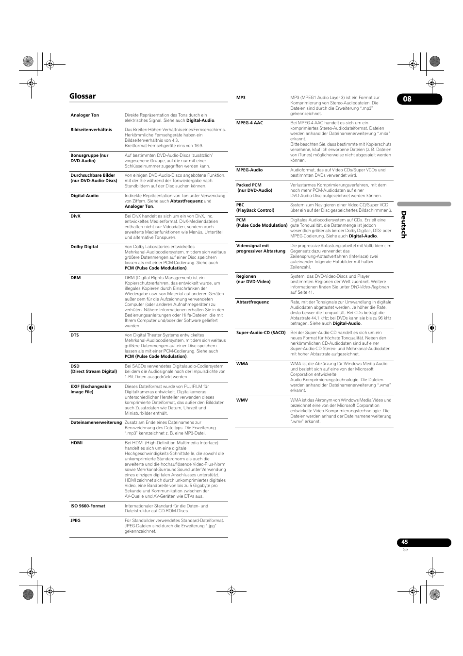 Glossar, Deutsch | Pioneer DV-LX50 User Manual | Page 91 / 94