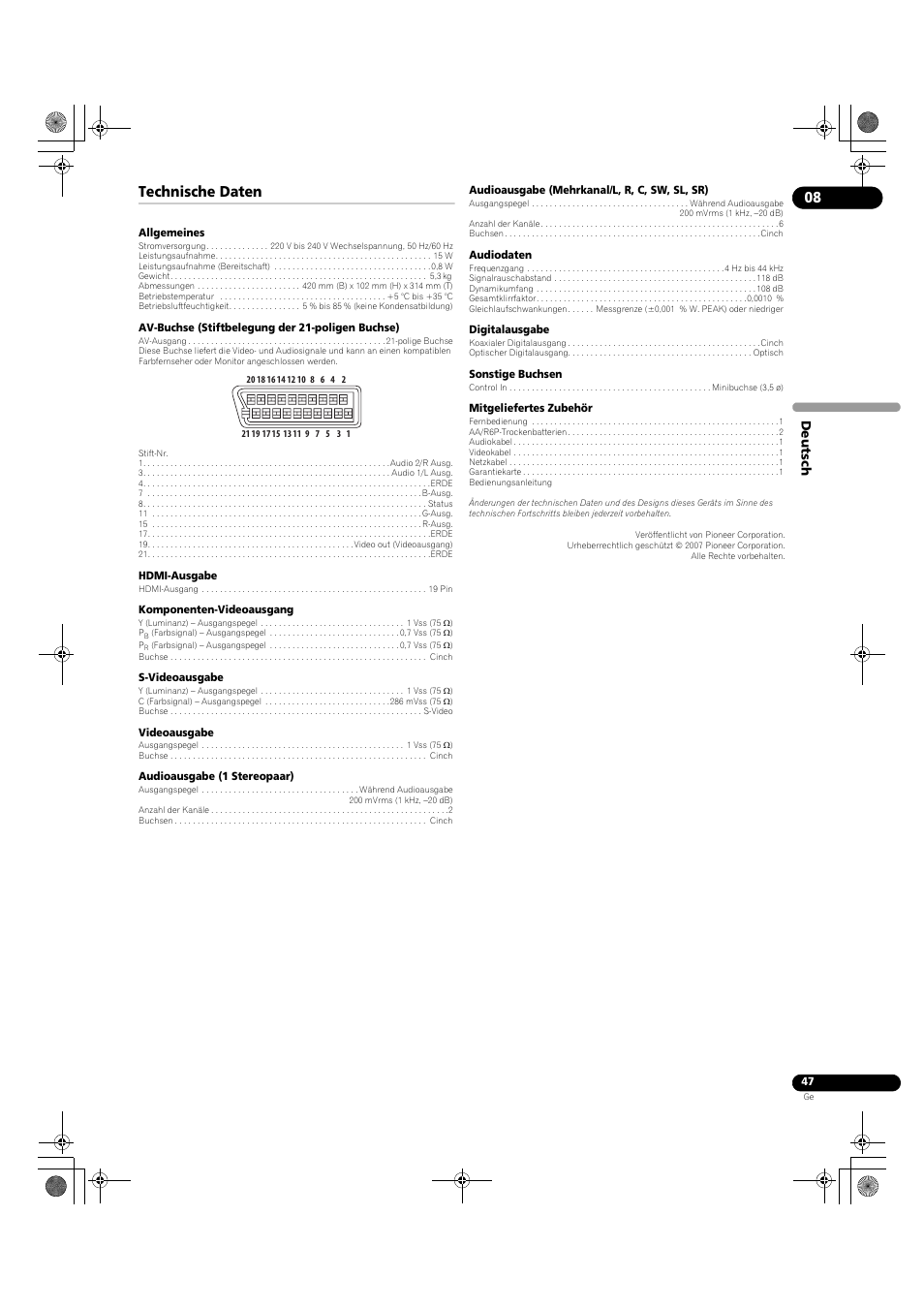 Technische daten | Pioneer DV-LX50 User Manual | Page 93 / 94