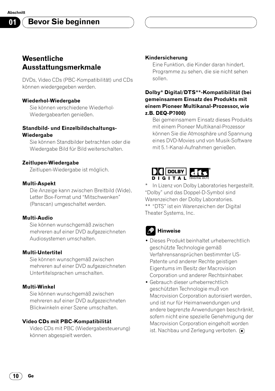 Wesentliche ausstattungsmerkmale 10, Bevor sie beginnen, Wesentliche ausstattungsmerkmale | Pioneer DVH-P7000R User Manual | Page 10 / 204