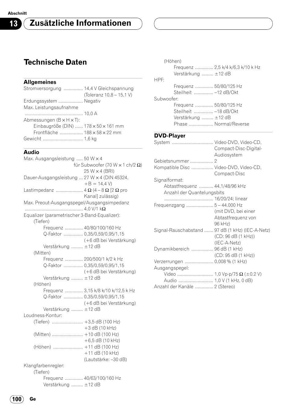 Technische daten 100, Zusätzliche informationen, Technische daten | Pioneer DVH-P7000R User Manual | Page 100 / 204