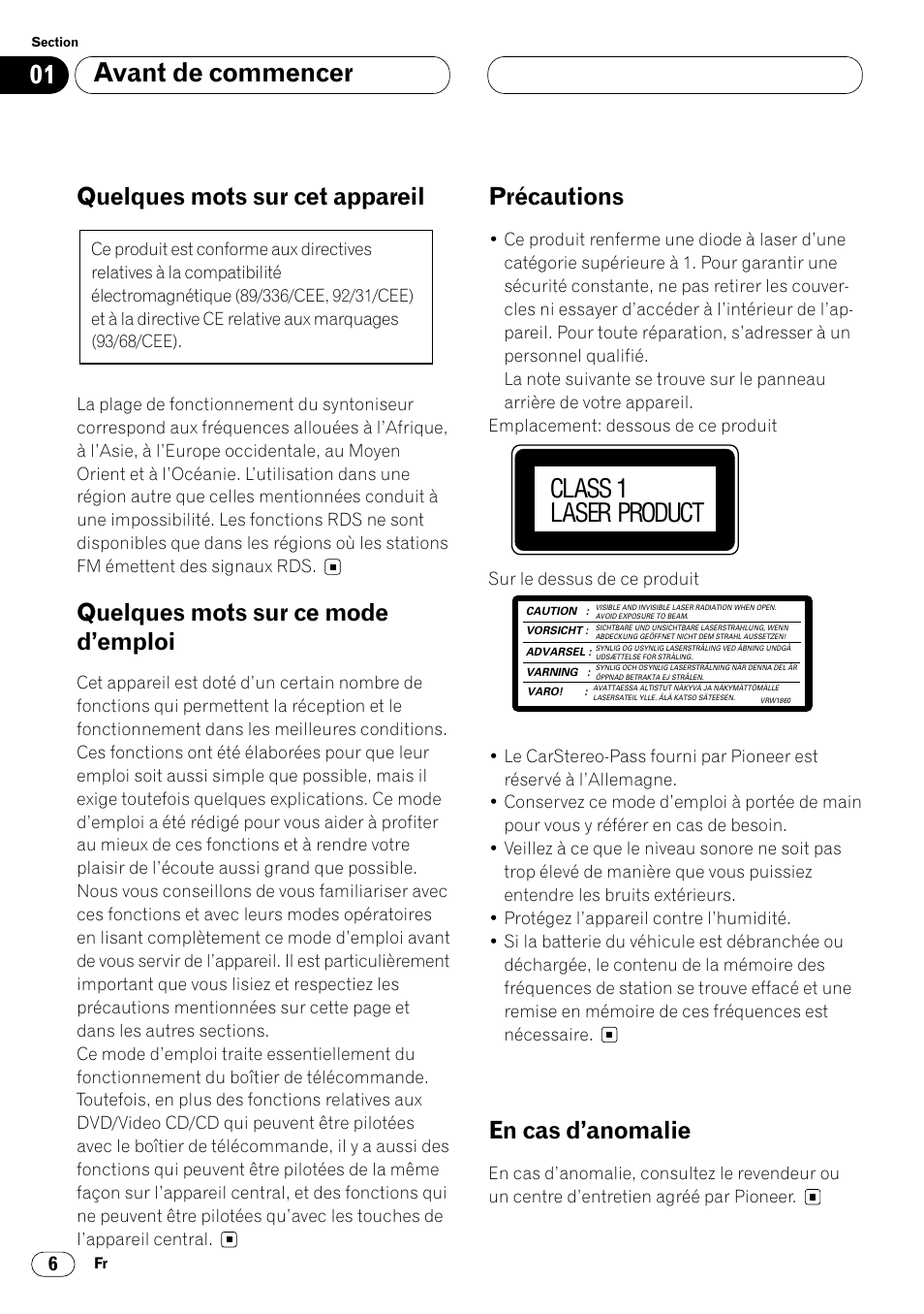 Avant de commencer, Class 1 laser product, Quelques mots sur cet appareil | Quelques mots sur ce mode d’emploi, Précautions, En cas d’anomalie | Pioneer DVH-P7000R User Manual | Page 106 / 204