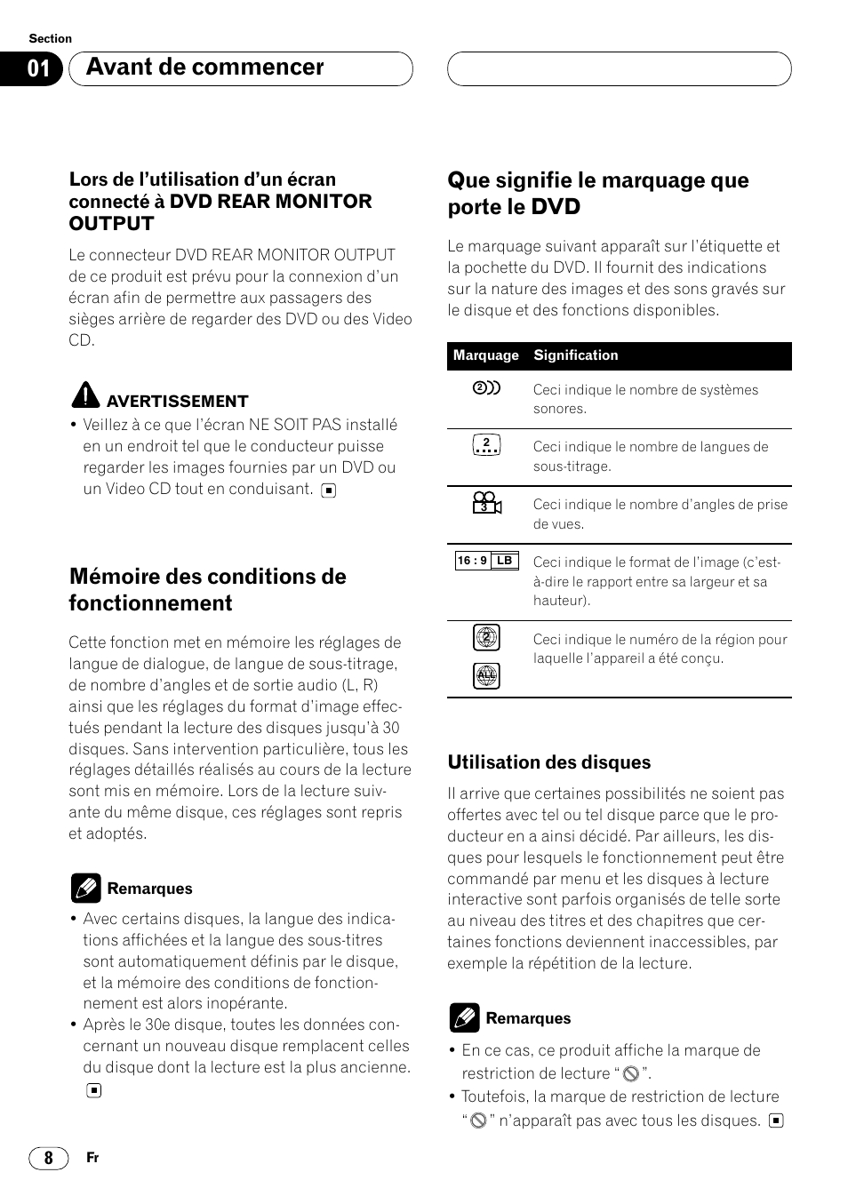 Utilisation des disques 8, Lors de l’utilisation d’un écran connecté, À dvd rear monitor output 8 | Avant de commencer, Mémoire des conditions de fonctionnement, Que signifie le marquage que porte le dvd, Utilisation des disques | Pioneer DVH-P7000R User Manual | Page 108 / 204