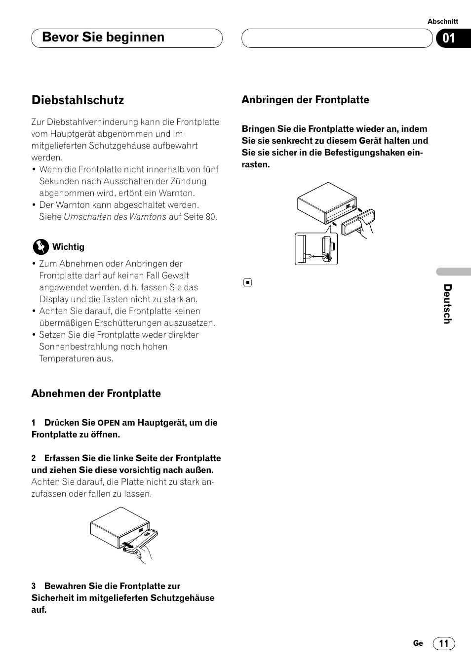 Diebstahlschutz 11, Bevor sie beginnen, Diebstahlschutz | Pioneer DVH-P7000R User Manual | Page 11 / 204