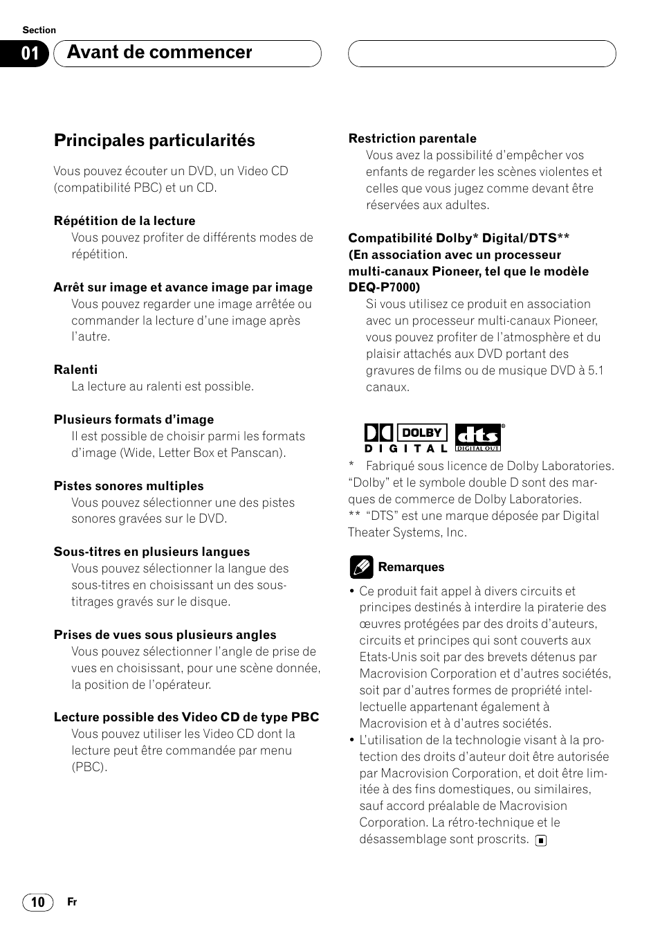 Principales particularités 10, Avant de commencer, Principales particularités | Pioneer DVH-P7000R User Manual | Page 110 / 204
