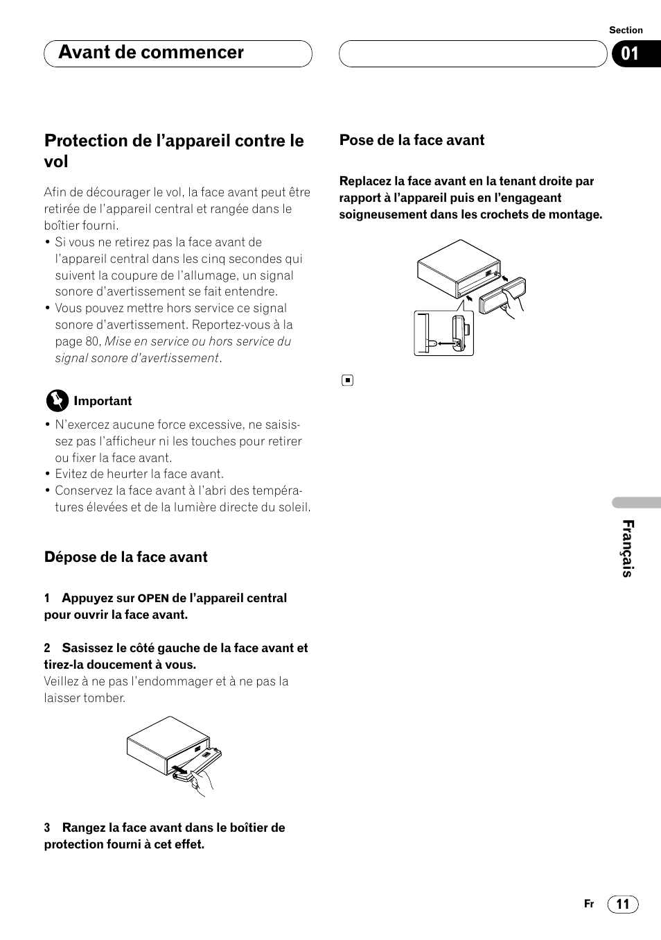 Protection de l’appareil contre le vol 11, Avant de commencer, Protection de l’appareil contre le vol | Pioneer DVH-P7000R User Manual | Page 111 / 204