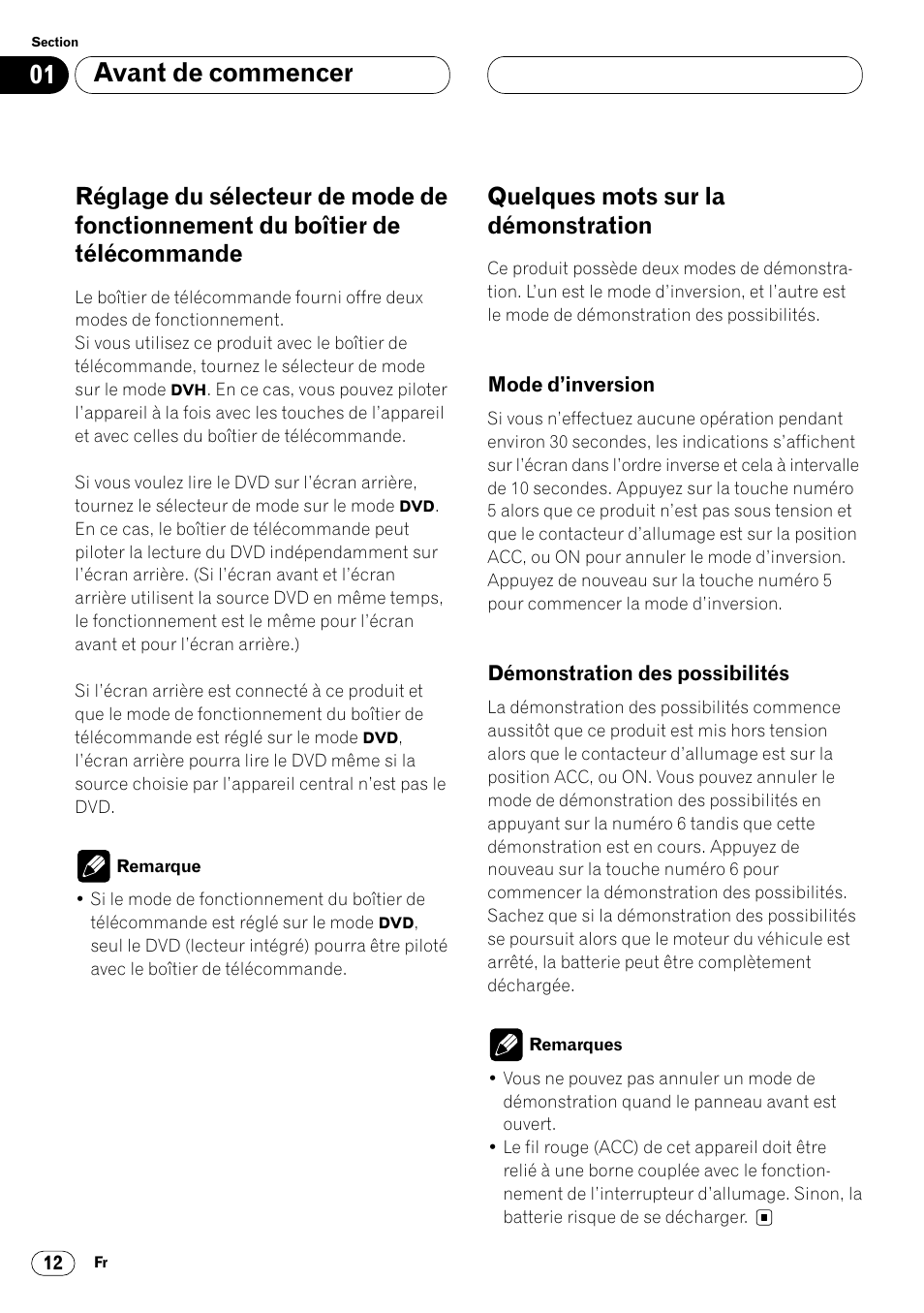 Réglage du sélecteur de mode de fonction, Nement du boîtier de télécommande 12, Quelques mots sur la démonstration 12 | Avant de commencer, Quelques mots sur la démonstration | Pioneer DVH-P7000R User Manual | Page 112 / 204