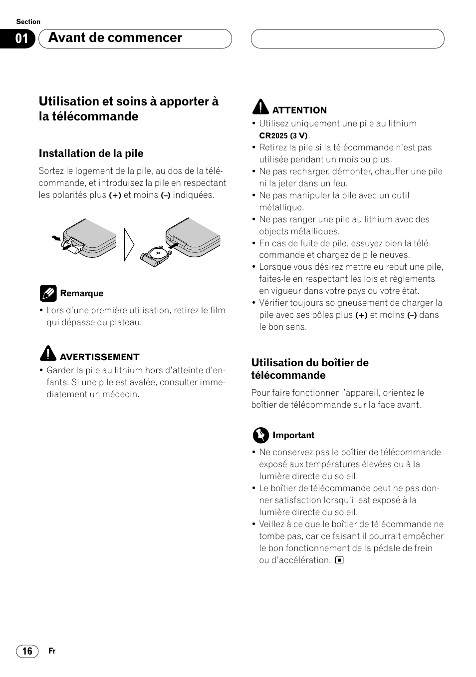 Utilisation et soins à apporter à la télécom, Avant de commencer, Utilisation et soins à apporter à la télécommande | Pioneer DVH-P7000R User Manual | Page 116 / 204