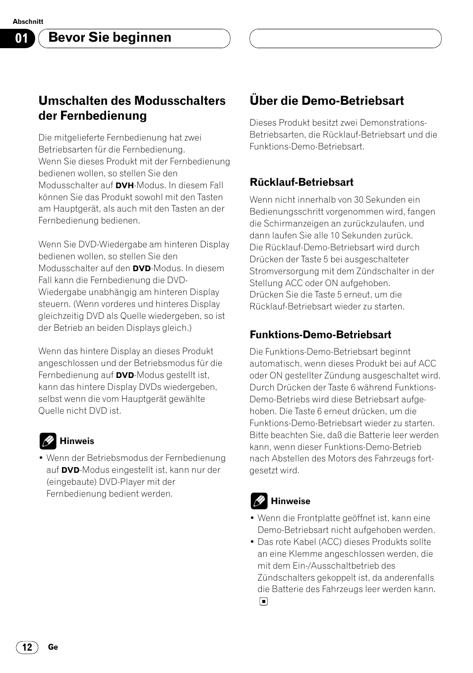 Umschalten des modusschalters der, Fernbedienung 12, Über die demo-betriebsart 12 | Bevor sie beginnen, Umschalten des modusschalters der fernbedienung, Über die demo-betriebsart | Pioneer DVH-P7000R User Manual | Page 12 / 204