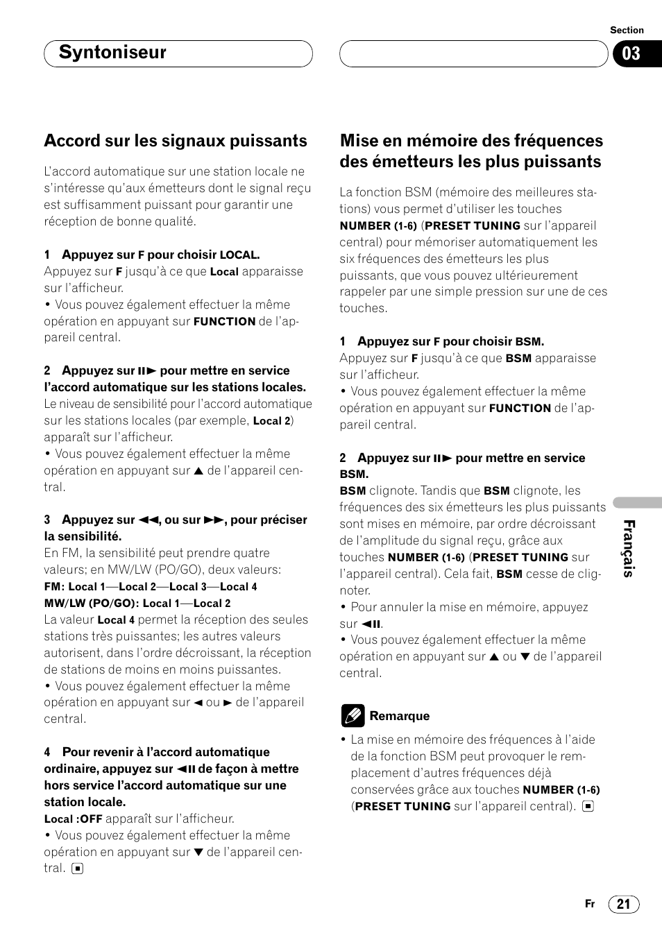 Émetteurs les plus puissants 21, Syntoniseur, Accord sur les signaux puissants | Pioneer DVH-P7000R User Manual | Page 121 / 204