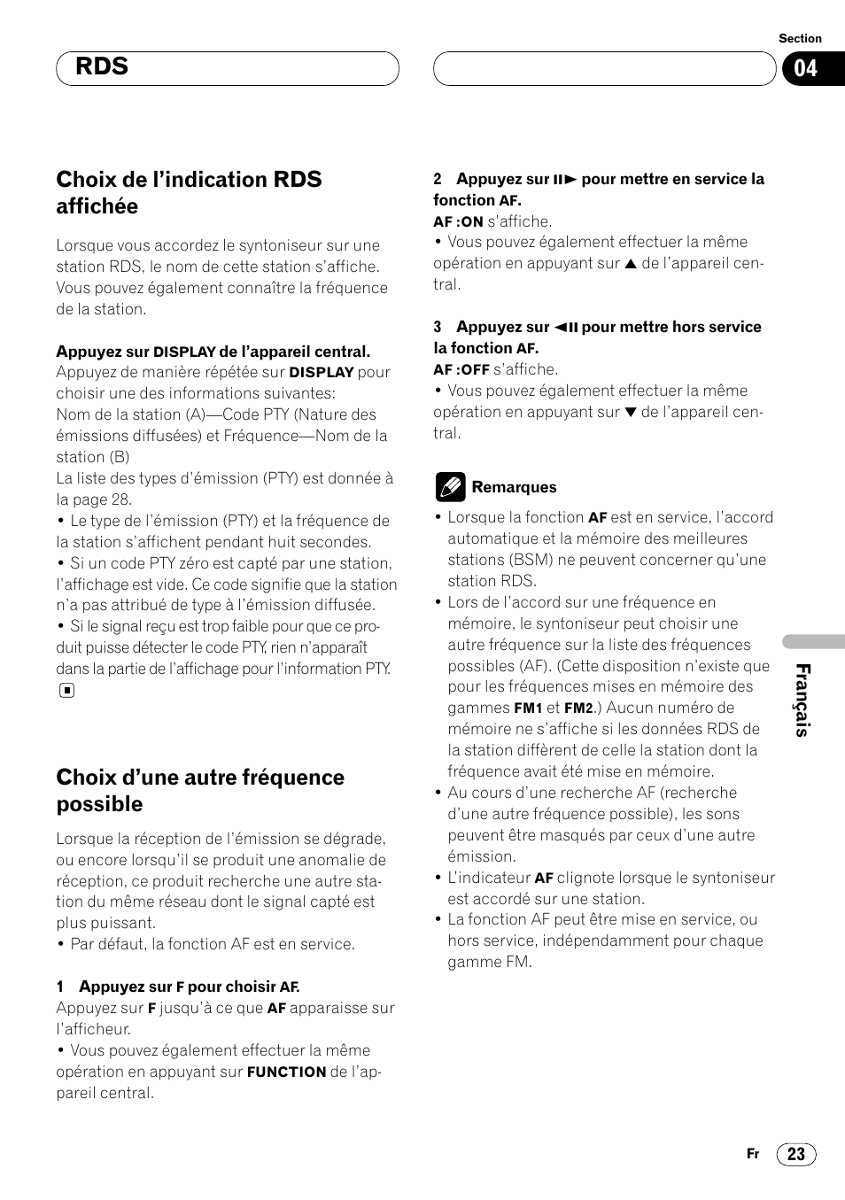 Choix de l’indication rds affichée, Choix d’une autre fréquence possible | Pioneer DVH-P7000R User Manual | Page 123 / 204