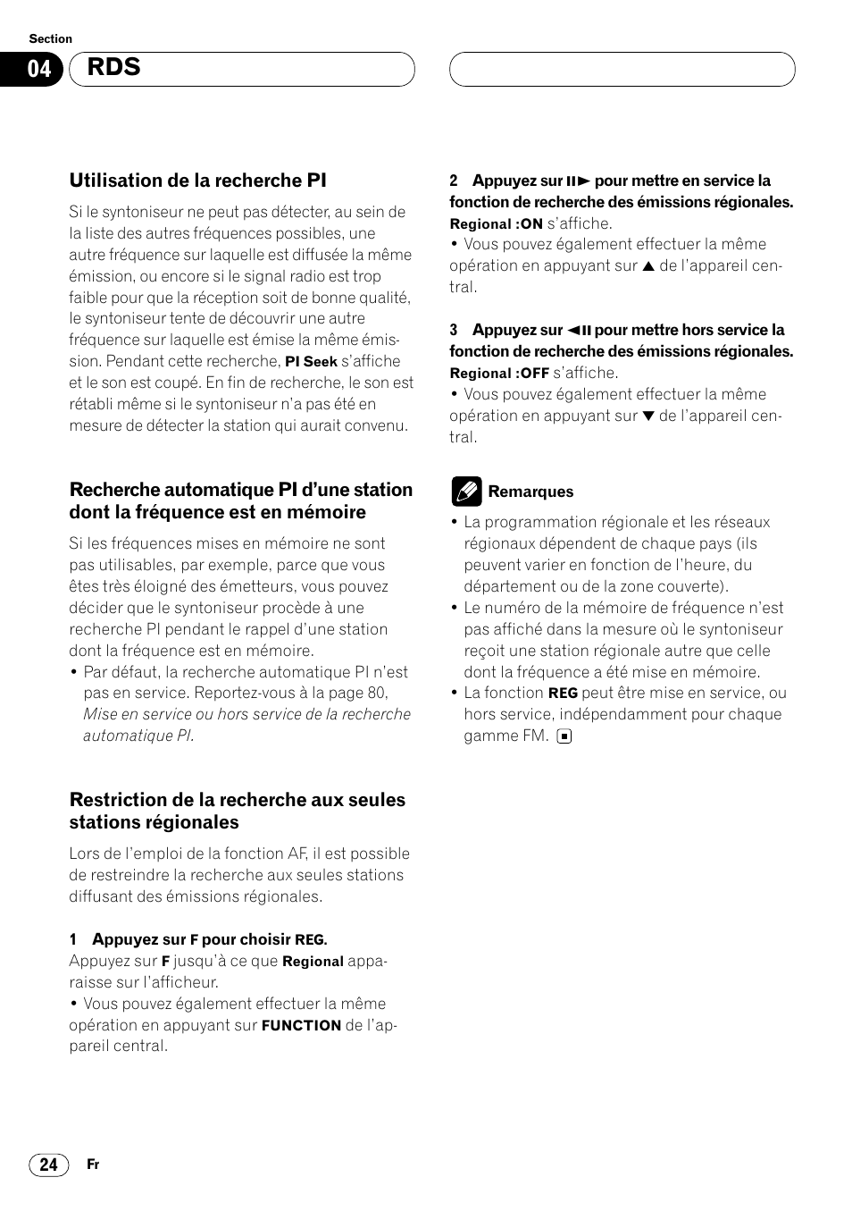 Dont la fréquence est en mémoire 24, Restriction de la recherche aux seules, Stations régionales 24 | Pioneer DVH-P7000R User Manual | Page 124 / 204
