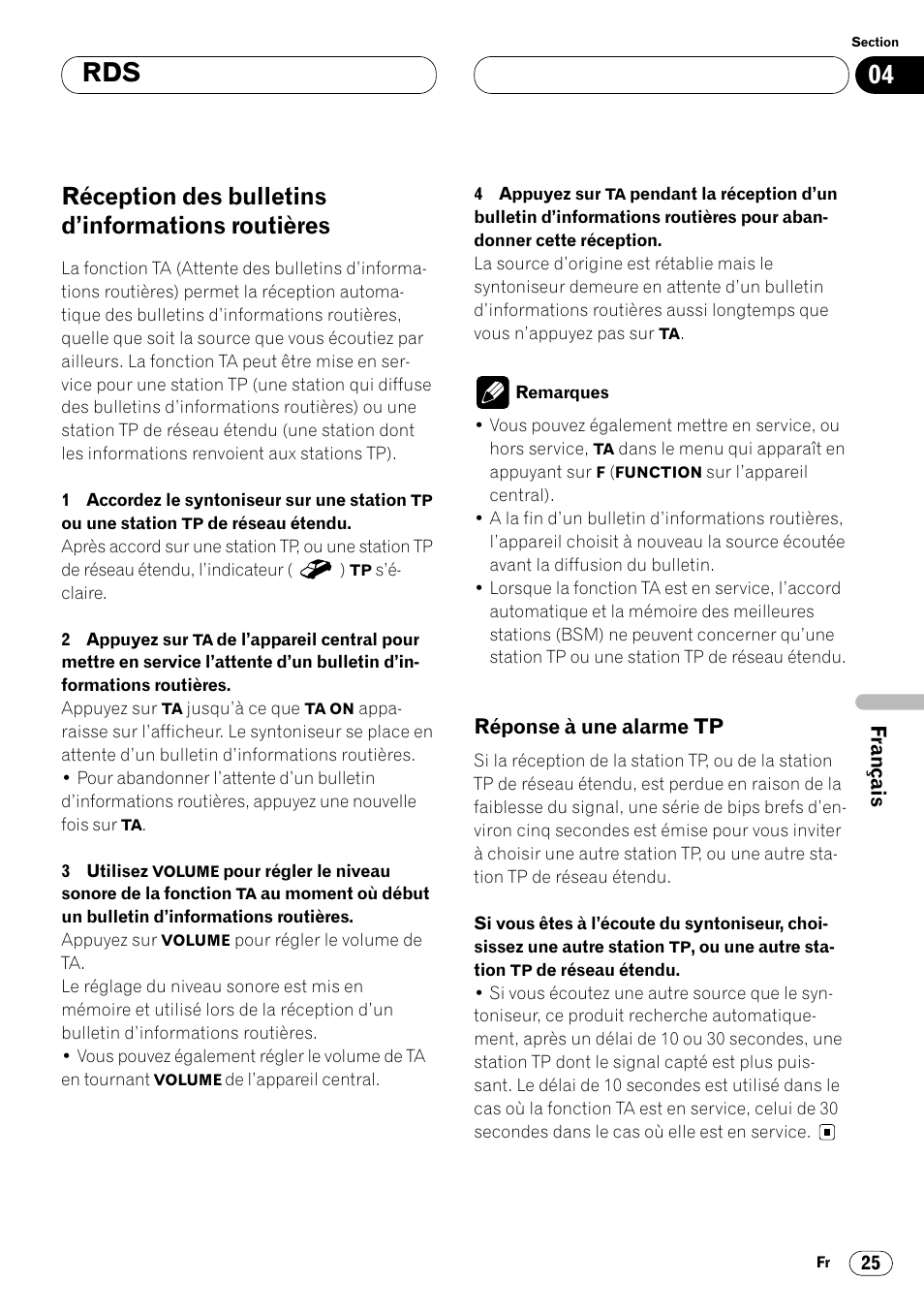 Réception des bulletins d’informations, Routières 25 • réponse à une alarme tp 25, Réception des bulletins d’informations routières | Pioneer DVH-P7000R User Manual | Page 125 / 204
