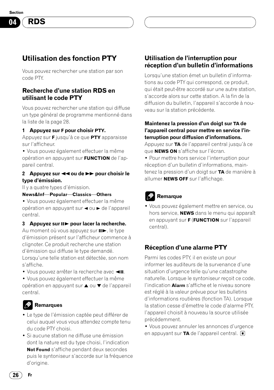 Utilisation des fonction pty 26, Recherche d’une station rds en, Utilisant le code pty 26 | Utilisation de l’interruption pour récep, Tion d’un bulletin d’informations 26, Réception d’une alarme pty 26, Utilisation des fonction pty | Pioneer DVH-P7000R User Manual | Page 126 / 204