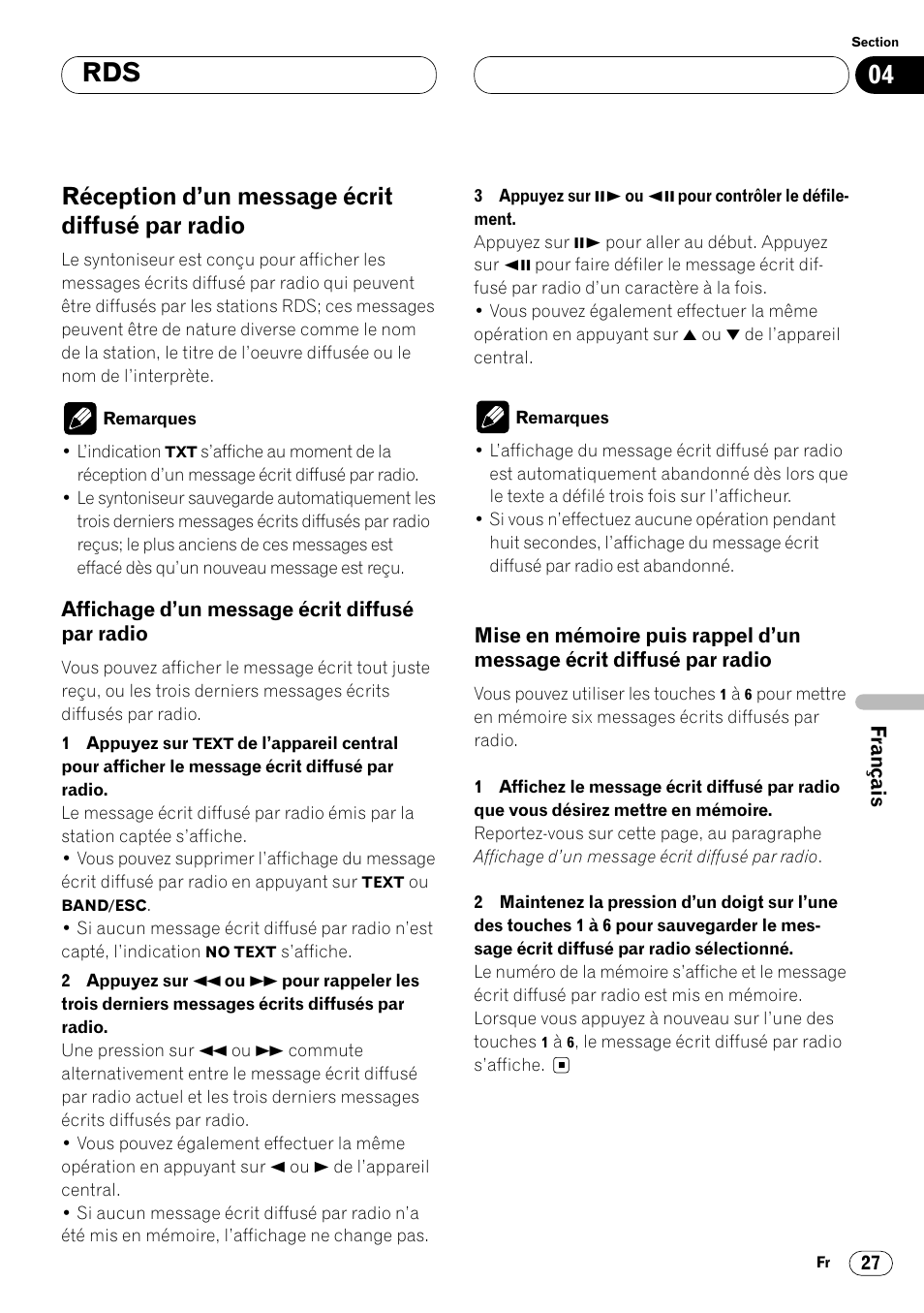 Réception d’un message écrit diffusé par, Radio 27 • affichage d’un message écrit diffusé, Par radio 27 | Mise en mémoire puis rappel d’un, Message écrit diffusé par radio 27, Réception d’un message écrit diffusé par radio | Pioneer DVH-P7000R User Manual | Page 127 / 204
