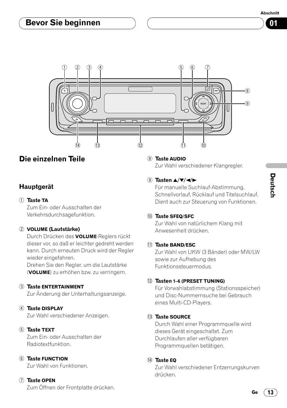 Die einzelnen teile 13, Hauptgerät 13, Bevor sie beginnen | Die einzelnen teile | Pioneer DVH-P7000R User Manual | Page 13 / 204