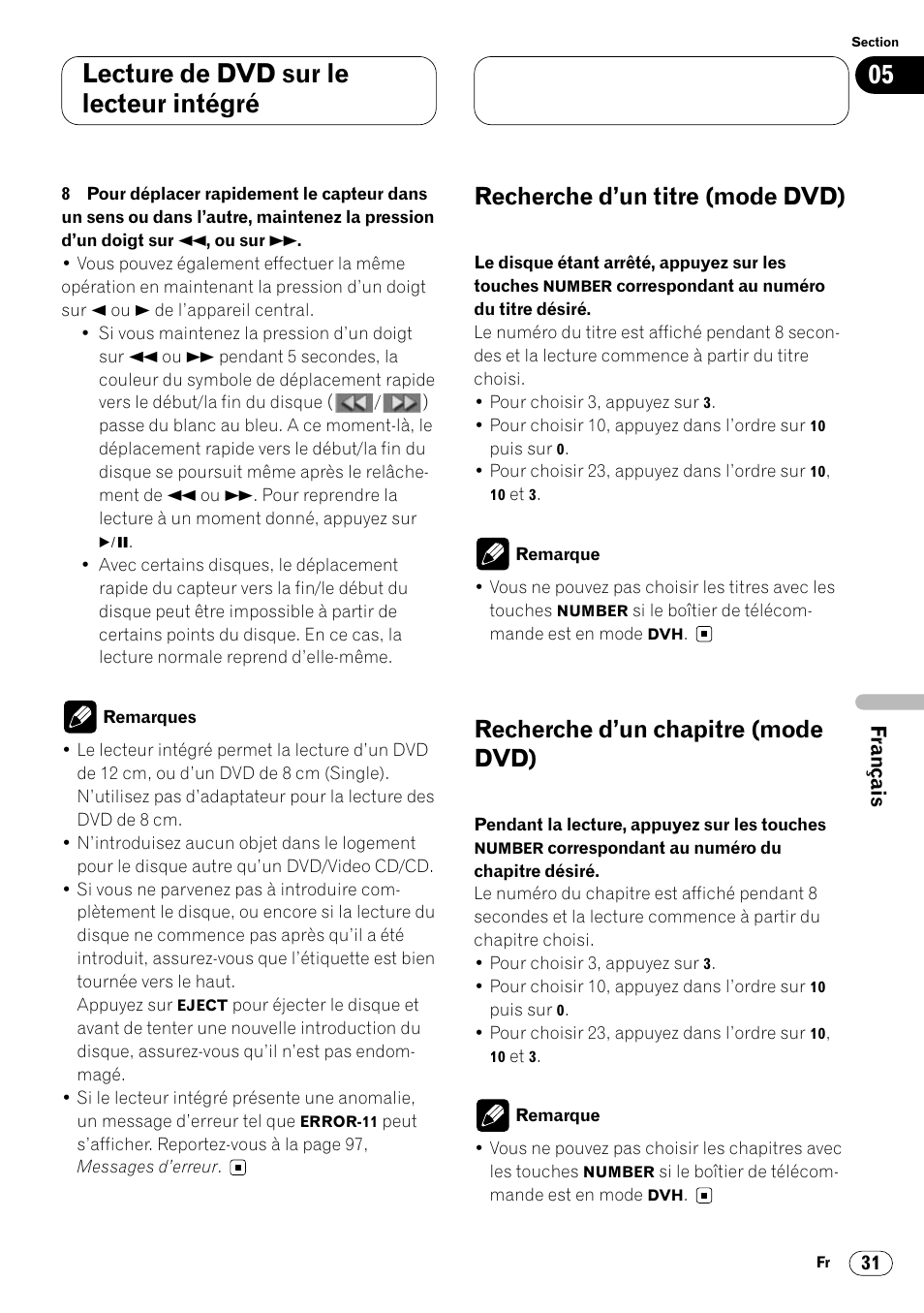 Lecture de dvd sur le lecteur intégré, Recherche d’un titre (mode dvd), Recherche d’un chapitre (mode dvd) | Pioneer DVH-P7000R User Manual | Page 131 / 204