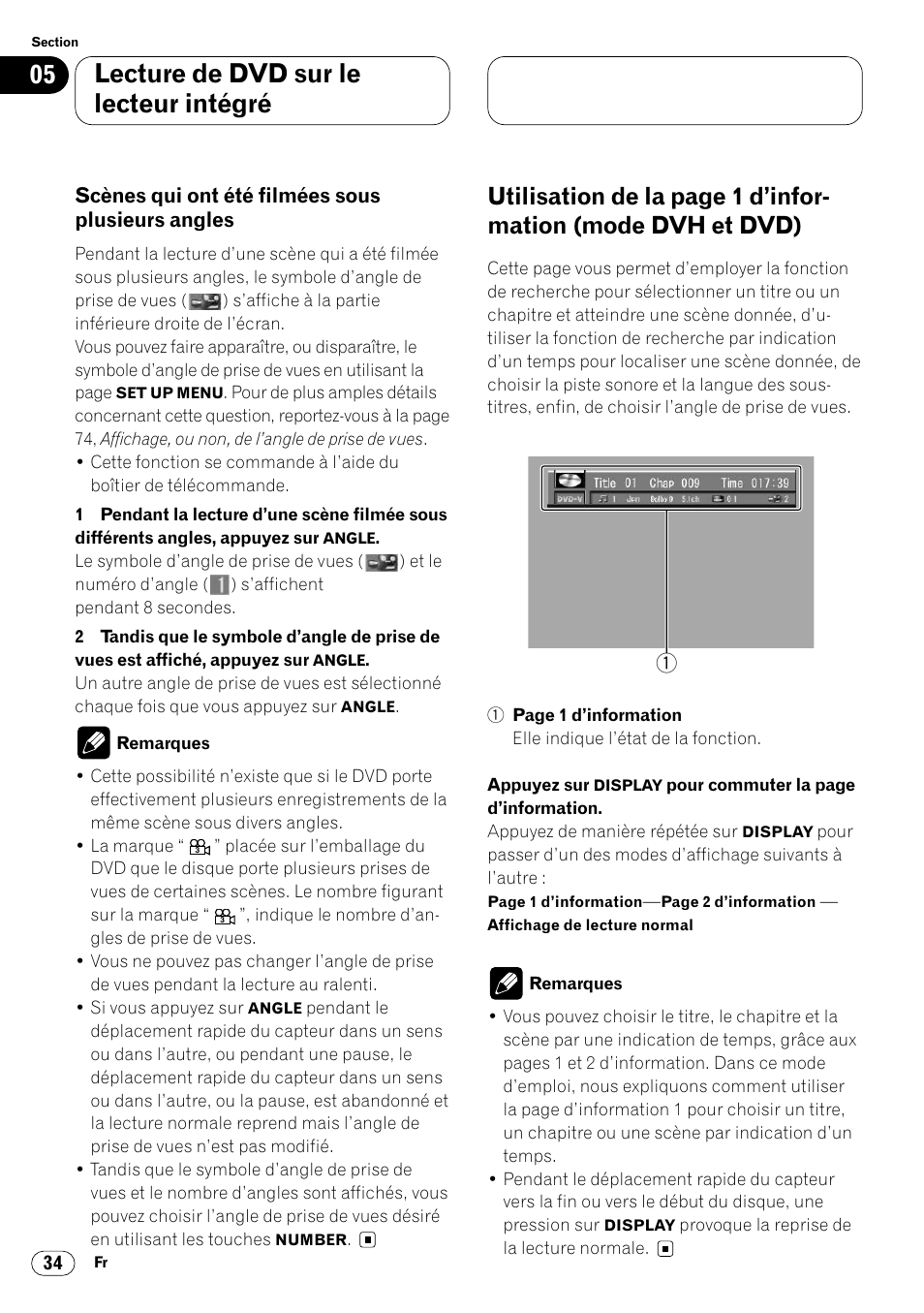 Scènes qui ont été filmées sous, Plusieurs angles 34, Mode dvh et dvd) 34 | Lecture de dvd sur le lecteur intégré | Pioneer DVH-P7000R User Manual | Page 134 / 204