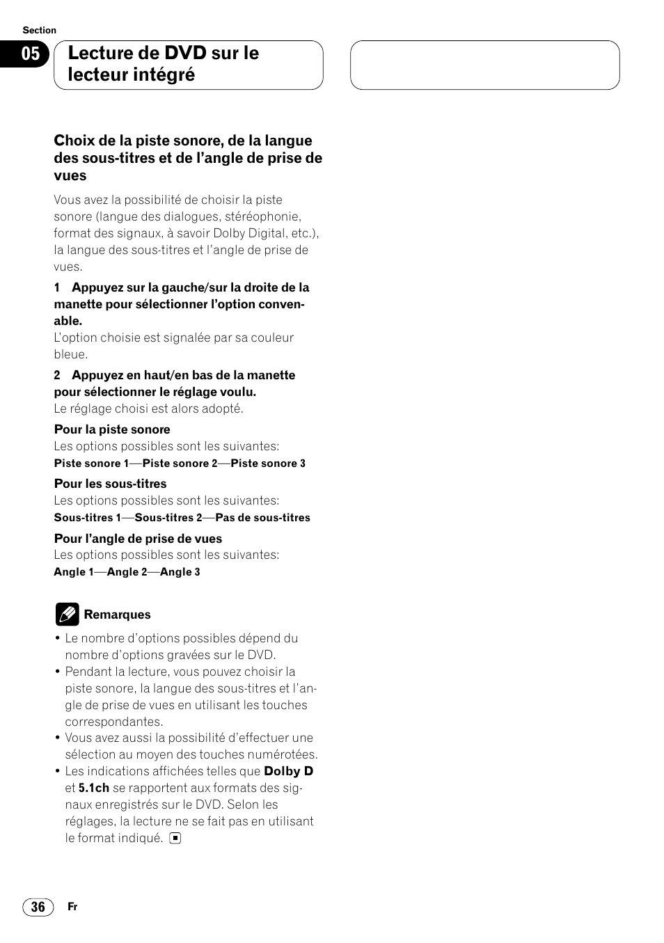 Choix de la piste sonore, de la langue des, Sous-titres et de l’angle de prise de vues 36, Lecture de dvd sur le lecteur intégré | Pioneer DVH-P7000R User Manual | Page 136 / 204