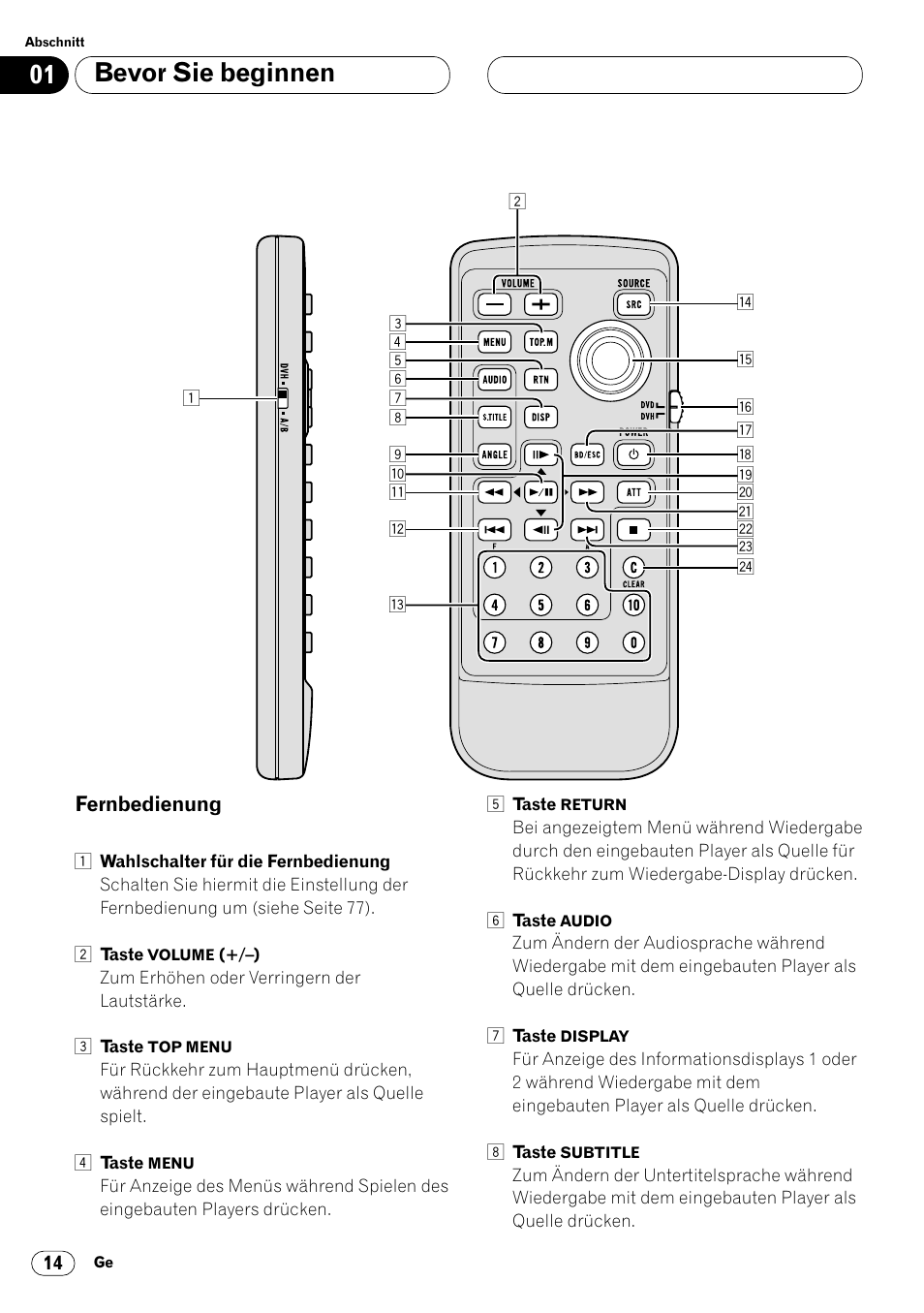 Fernbedienung 14, Bevor sie beginnen | Pioneer DVH-P7000R User Manual | Page 14 / 204