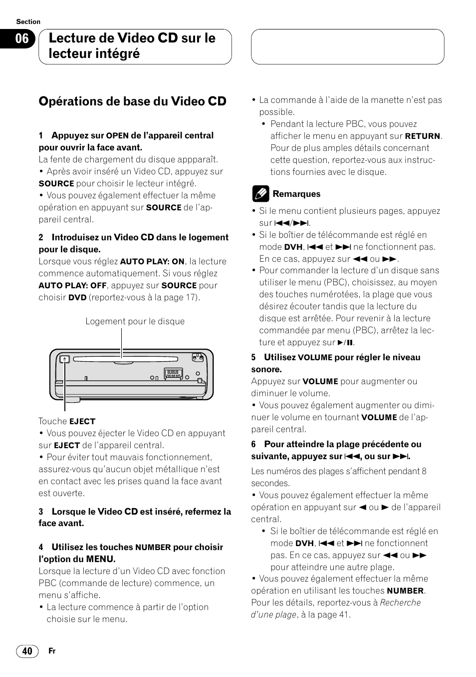 Opérations de base du video cd 40, Lecture de video cd sur le lecteur intégré, Opérations de base du video cd | Pioneer DVH-P7000R User Manual | Page 140 / 204