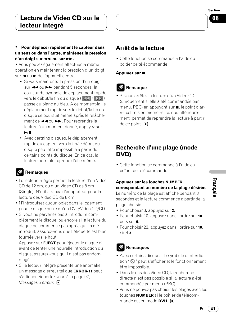 Lecture de video cd sur le lecteur intégré, Arrêt de la lecture, Recherche d’une plage (mode dvd) | Pioneer DVH-P7000R User Manual | Page 141 / 204