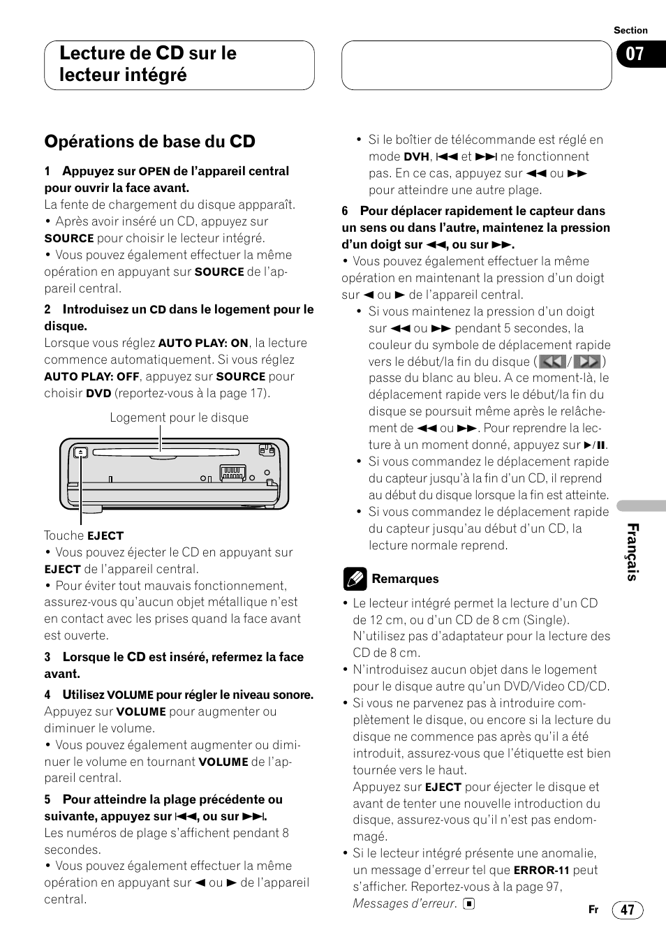Opérations de base du cd 47, Lecture de cd sur le lecteur intégré, Opérations de base du cd | Pioneer DVH-P7000R User Manual | Page 147 / 204