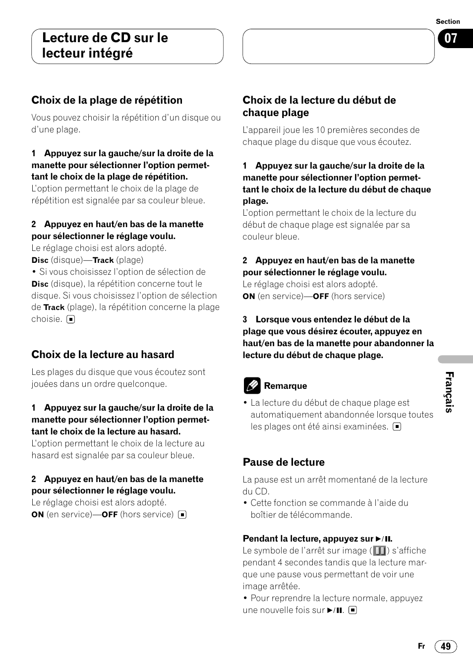 Plage 49, Pause de lecture 49, Lecture de cd sur le lecteur intégré | Pioneer DVH-P7000R User Manual | Page 149 / 204