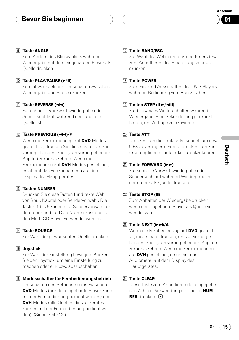 Bevor sie beginnen | Pioneer DVH-P7000R User Manual | Page 15 / 204